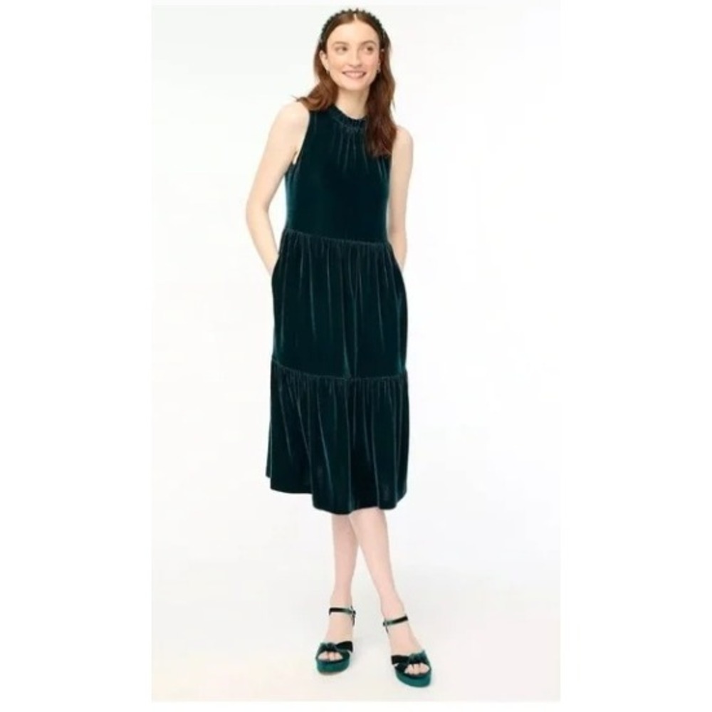 J.Crew Womens Green Velvet Ruffle Neck Tiered Midi Dress Sleeveless Size 2